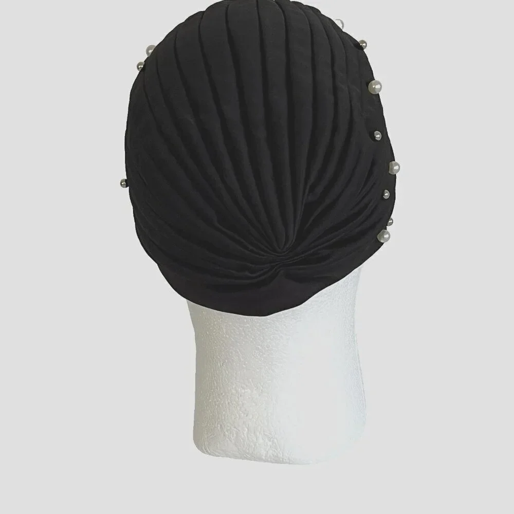 Turban Hat One Size Stretch Beaded Flapper 20's Costume Theater Church Black